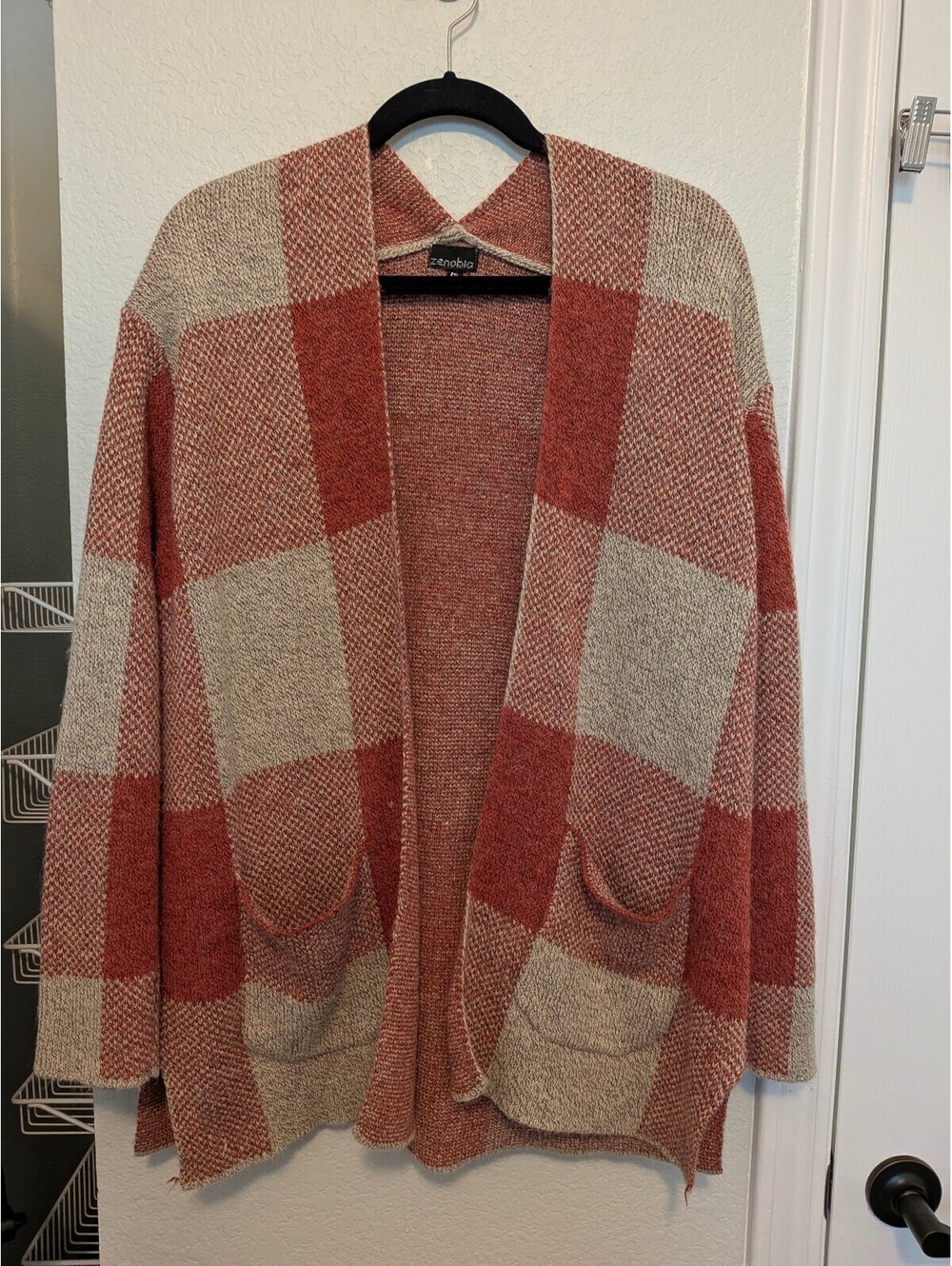 Zenobia Women's Burnt Orange and Beige Plaid Knit Cardigan with Pockets, Loose